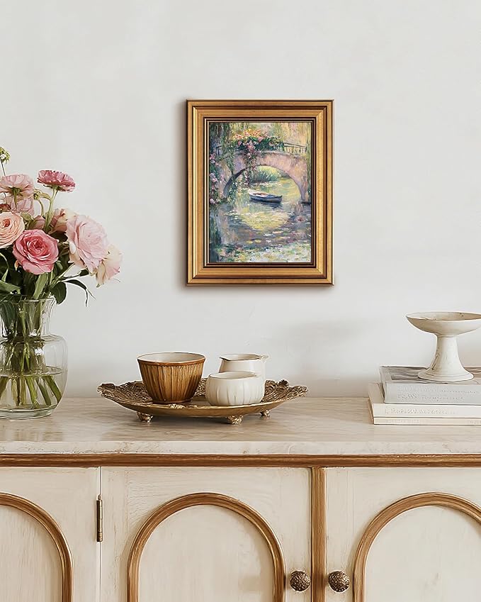 InSimSea Gold Framed Canvas Wall Art, Vintage Country Decor, Monet Bridge Pastel Oil Paintings Farmhouse Decor Aesthetic, Small Countryside Prints for Bedroom Living Room Shelf Gift, 8x10inch