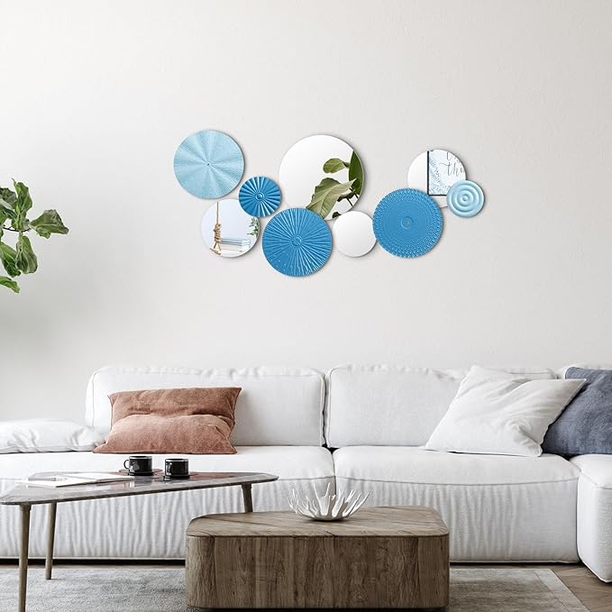 Blulu 9 Pcs Blue Mirror Wall Decor Metal Round Home Art Decor Decorative Modern Circle Mirror Wall Art Sculpture Hanging Decorations for Home Living Room Office