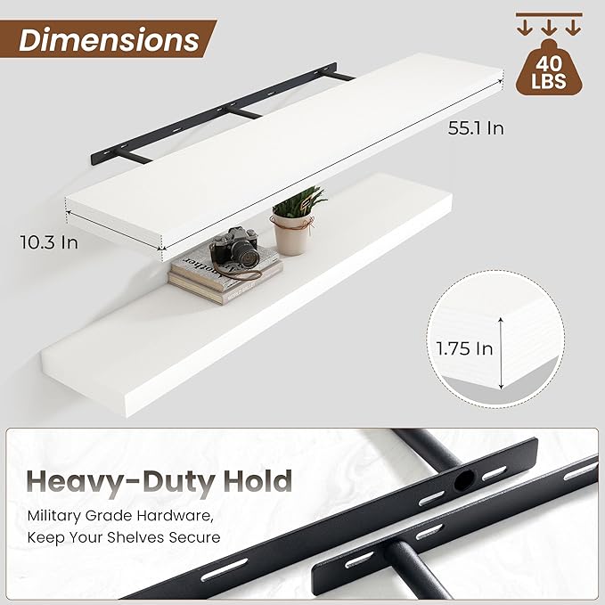Heimlove Floating Shelves for Wall 55 Inch Long,Extra Large and Thick Wood Shelves Mounted Storage Hanging Shelf Invisible Bracket for Bedroom,Living Room,Kitchen,Office,White