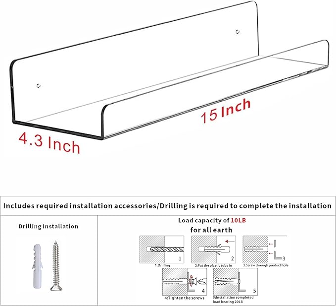 6 Pcak Clear Acrylic Shelves for Bedroom,Room,15 Inch Bathroom Wall Shelf & Organizer,Invisible Floating Shelves & Wall Storage for Collectibles Perfume Shelf,Record,Funko Pop,Lego Display,Bookshelf