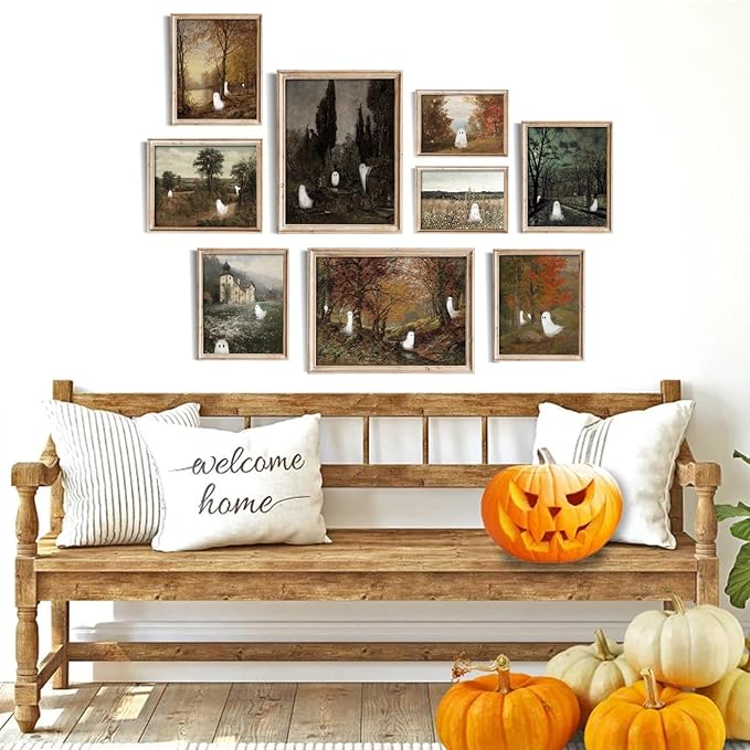 uniro Cute Ghost Decor Halloween Wall Art Prints, Vintage Ghost Pictures for Halloween Wall Decor, Spooky Autumn Landscape Canvas Oil Painting, Moody Gothic Home Decor Dark Academia Aesthetic Posters for Bedeoom, Gallery, Living Room, Bathroom (UNFRAMED)