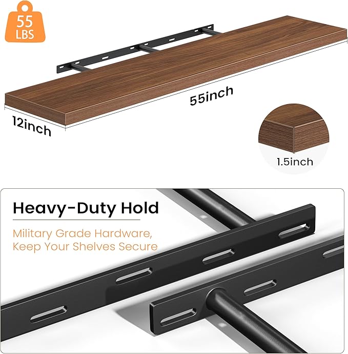 Walnut Floating Shelves for Wall, 55 Inch Floating Shelves Set of 2, Wall Mounted Rustic Wood Shelf for Bathroom, Living Room, Bedroom and Kitchen, Hanging Shelf for Storage, Books, Home Decor