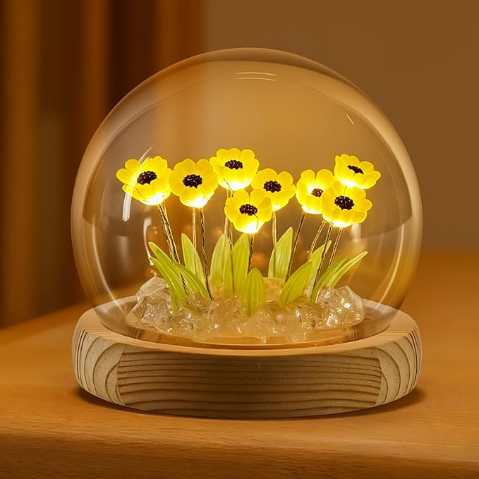 ONXE Sunflowers Flower Lamp,Sunflowers Night Light,Birthday Mothers Day Gifts for Girlfriend Mom Women Her Wife Sister Girls Grandma,Artificial Flower Table Lamp in Glass Dome (Battery Powered)
