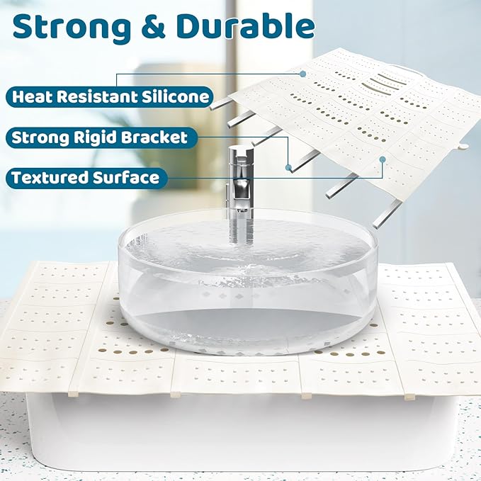 Bathroom Sink Cover for Counter Space, Foldable Silicone Sink Mat Makeup Organizer Mat Space Saver, Women’s Gifts for Christmas RV Camper Travel Must Haves Accessories - Large, Pearl