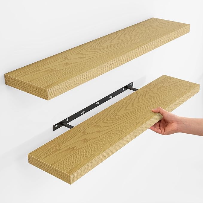 Fun Memories Rustic Wood Floating Shelves for Wall, Space-Saving Wall Mounted Shelves for Bathroom, Bedroom, Living Room and Kitchen, Stylish Storage & Display (Set of 2, Oak, 40 in)
