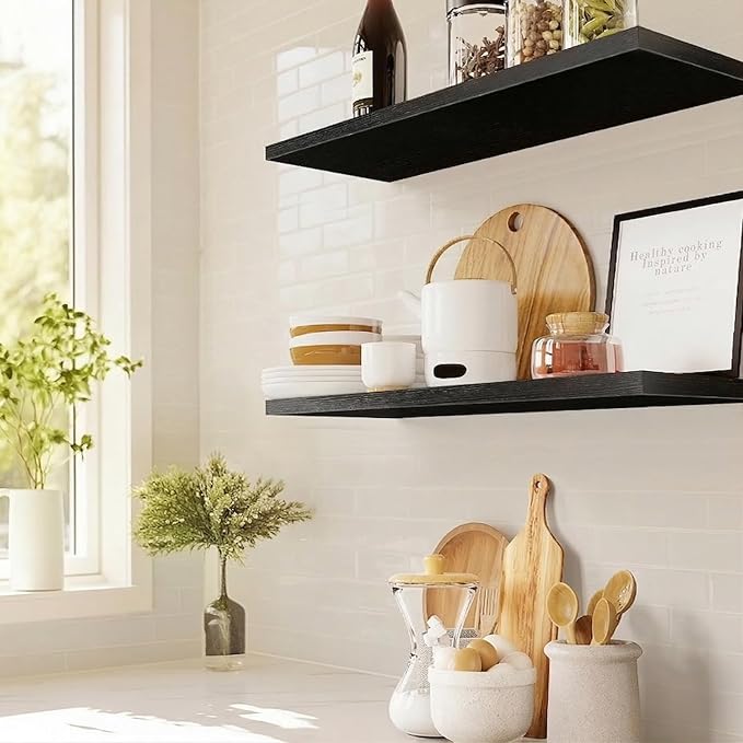 AMADA HOMEFURNISHING Floating Shelves Wall Mounted, 24 x 7 Inch Wall Shelves for Bathroom, Bedroom, Living Room, Black Shelves Set of 2 | Wall Shelves, for Bathroom, Bedroom, Living Room, Shelves