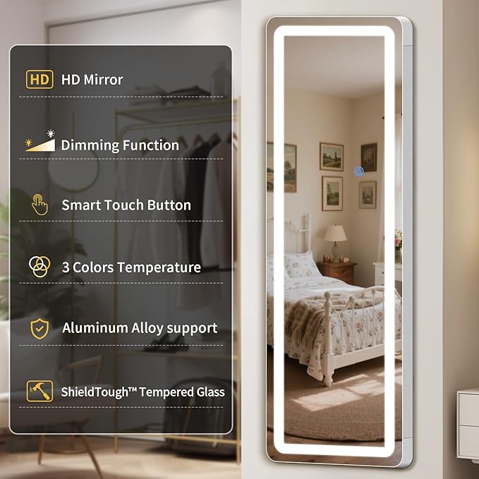 Standing Mirror Full Length with LED Lights, 76"x34" Lighted Mirror with Dimming & 3 Color Lighting, Tall Mirror Full Body for Bedroom, Dressing Room