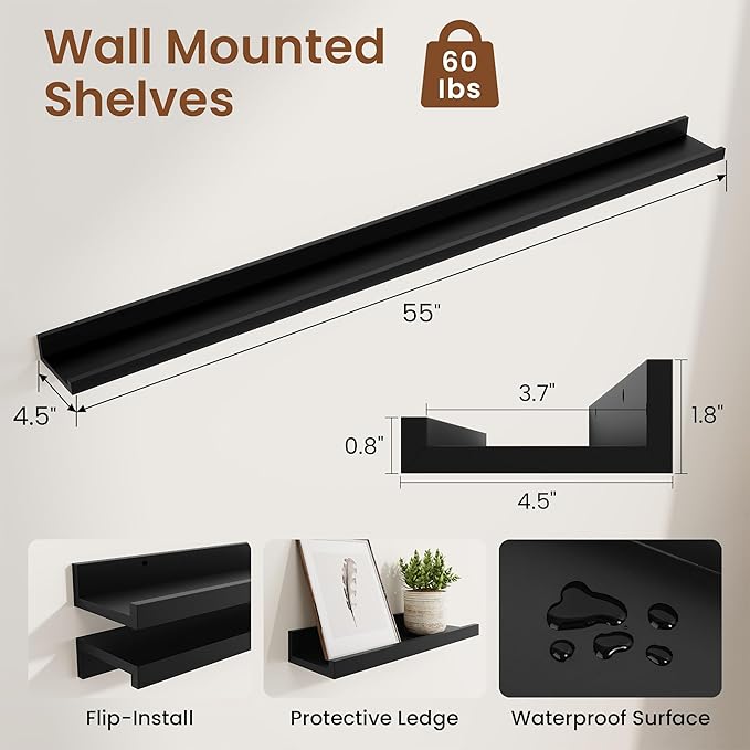 Heimlove Picture Ledge Shelf,56 inch Long Floating Shelves for Wall Set of 2,Black Picture Shelf with Lip for Wall Decor,Living Room,Bedroom,Bookshelf,Nursery,Perfume