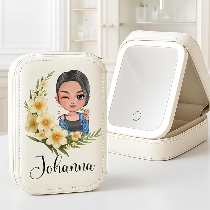WANDERPRINT Personalized Floral Makeup Box with LED Mirror – Custom Name Birth Month Flower Jewelry Organizer, Travel Cosmetic Case Gift for Women & Girls on Christmas Birthday (Birth Month Girl 3)