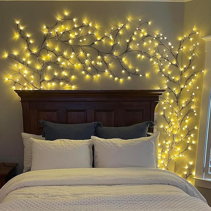 NIDISETPJAS 2Pcs Enchanted Willow Vine Lights with Remote, Christmas Swags Decorations Indoor Room Decor, 18 Branches 144 LEDs Lighted Willow Vine Lights for Walls Bedroom Home Decor