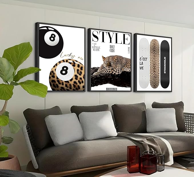 3Pcs Black Framed Trendy Leopard Wall Art Preppy Aesthetic Stylish Leopard Painting Picture Wall Decor Funky Lucky 8 Ball Cheetah Poster Print Artwork for Bedroom Living Room Bathroom Home Decoration
