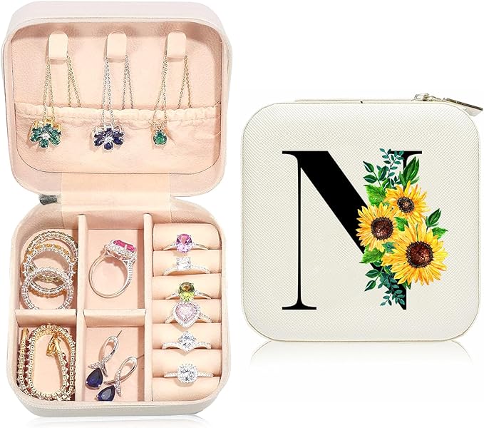 Sunflower Jewelry Case,Sunflower Gifts for Women,Initial N Travel Jewelry Box,Valentine's Day Gift Easter Personalized Gifts for Teen,Mom,Wife,Bridesmaids,21st Birthday Gift for Her