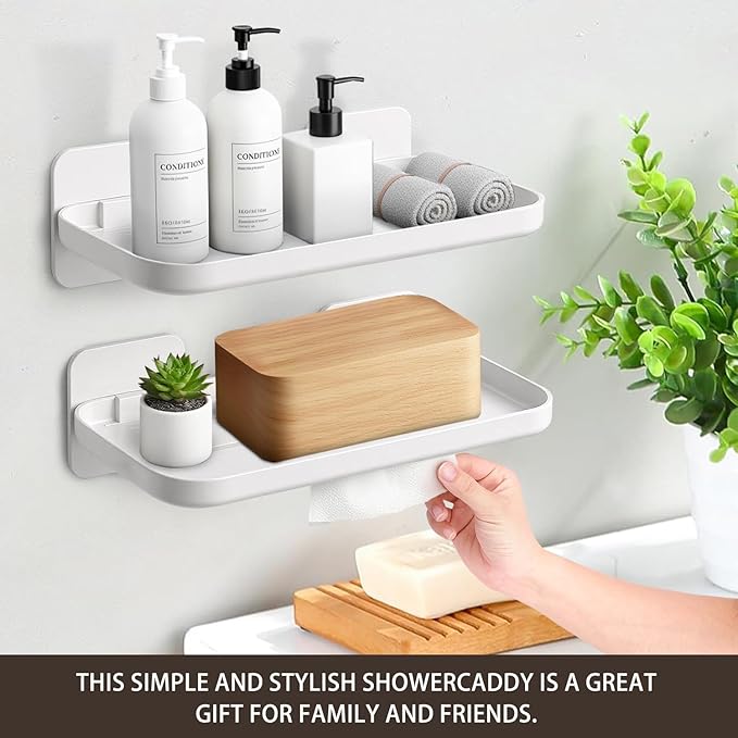 HINIHAO 2pc Wall Mounted Floating Shelf, Self Adhesive Small Shelf, No Drill Adhesive Wall Shelf, Floating Shelves Damage-Free Expand Walls Space for Living Room Kitchen Bathroom (White)