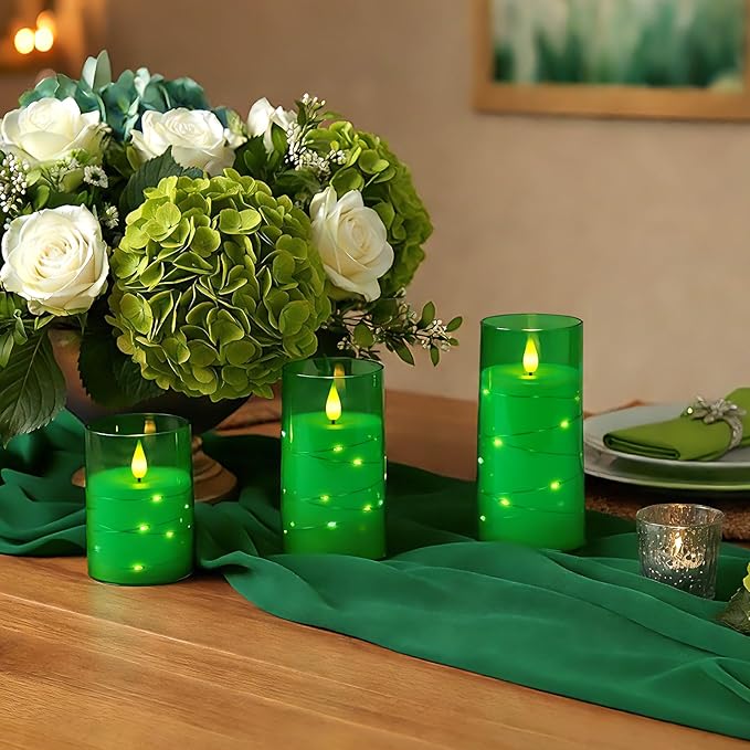 Homemory St. Patrick's Day Flameless Candles with Embedded Star String Fairy Lights, Green Battery Operated Candles, LED Candle, Fake Candles with Remote Control and Timer, Set of 3(H 4" 5" 6”)