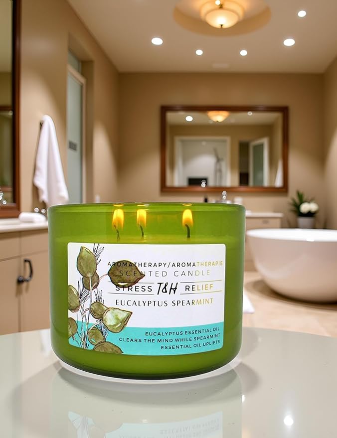 Eucalyptus Spearmint Scented Candle | 15.8 oz Large 3 Wick Soy Candle | Soothing Aromatherapy Candle for Home | Fresh Spa Scent | Long Lasting Clean Burn | Relaxation & Yoga Gift for Women & Men