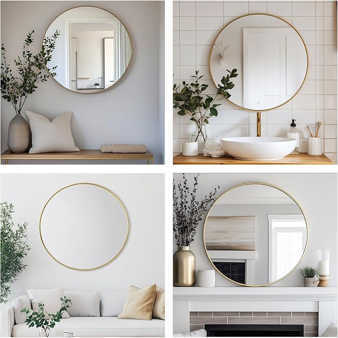 Oruii Gold Round Mirror 28 inch, Large Circle Mirror Gold Metal Frame, Golden Round Bathroom Mirrors, Circular Mirrors for Wall, Living Room, Dining Room, Entryway.