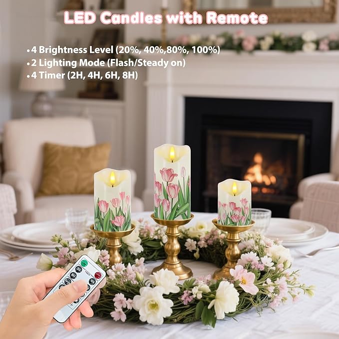 Flameless Candles Light, Set of 3 Flickering Tulip Pillar Candles with Remote & Timer, Dimmable Real Wax Electric LED Candles Battery Operated, Birthday Gift Mother's Day Gift for Mom Grandma Women