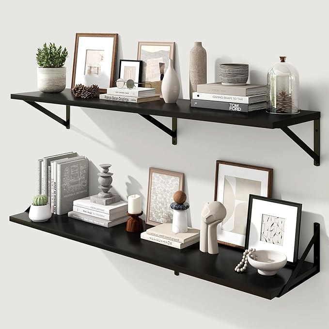 Marsmiles 12 Inch Deep Floating Shelves | 48 Inch Black Wall Shelves Set of 2 | Rustic Wood Floating Shelves for Living Room Bedroom Bathroom