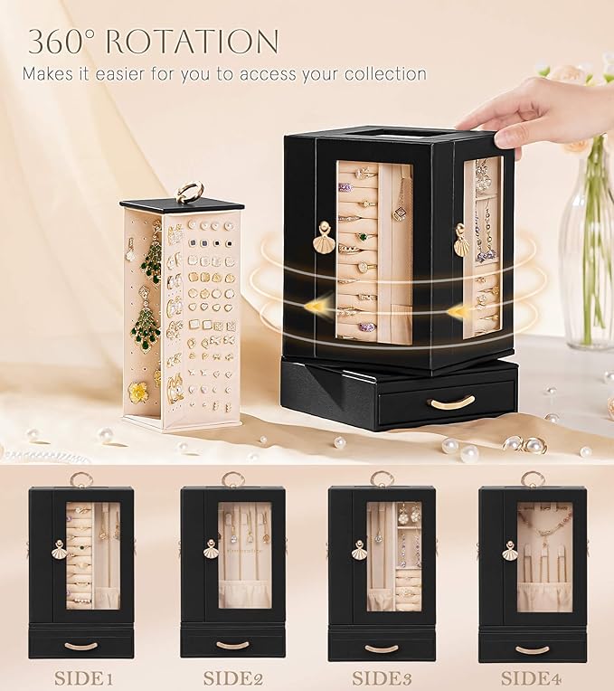Enthralite Jewelry Box Large for Dresser: Women Necklace Ring Storage Organizer with Compartments - Elegant Earring Holder Display - 360° Rotating Jewelry Organizer with Glass Door