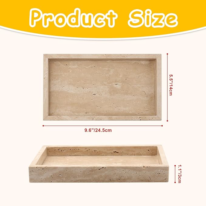Natural Travertine Tray, 9.7x5.5 Inch Bathroom Vanity Organizer for Perfume Jewelry Candle Makeup,Decorative Stone Tray for Bathroom Toilet Tank Kitchen Sink Table, Beige