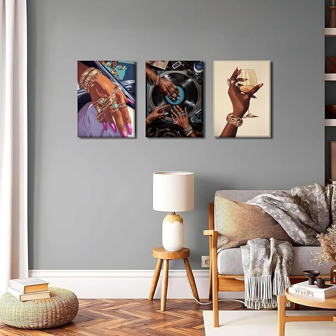 YFvrPt Black Woman Wall Art Set of 3, Trendy African American Women Wall Decor Black Girl Song Lover Canvas Poster Prints Aesthetic Pictures for Bedroom Living Room Framed 16x24 inch