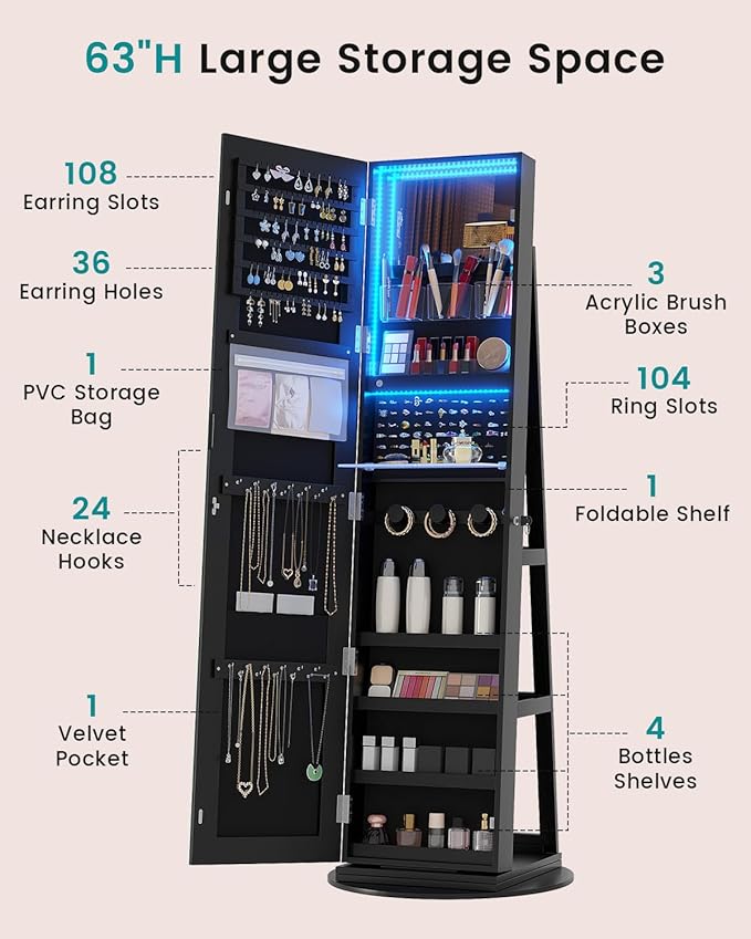 Vlsrka 360° Swivel Mirror Jewelry Cabinet with Lights, Large Jewelry Armoire Cabinet Standing, Lockable Free length Mirror with Storage, Rear Storage Shelves, Black