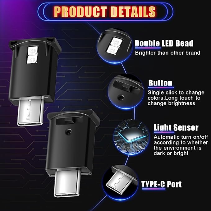 Frienda 4 Pieces Mini USB LED Light, Car LED Interior Lighting 5v Smart USB Atmosphere Light, Laptop Keyboard Office Decoration Night Lamp, Adjustable Brightness, 8 Colors (Type C)