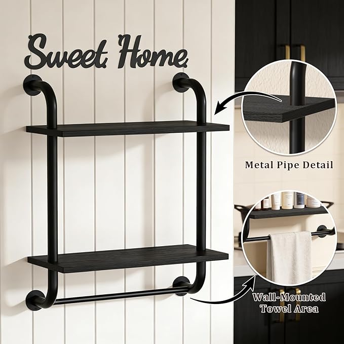 Tinpin Bathroom Shelves Wall Mounted, Rustic Farmhouse Pipe Shelves, Wall Shelves 2-Tier, Industrial Pipe Shelving, Floating Shelf Decor for Bathroom, Bedroom, Living Room Thanksgiving 17.3in Black