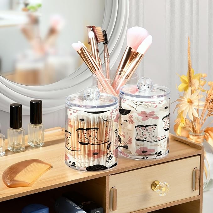 Nander 4Pack Beautiful Cow Style Cowboy Boots Qtip Holder Dispenser -Clear Plastic Apothecary Jars Set - Restroom Bathroom Makeup Organizers Containers for Cotton Swab, Ball, Pads, Floss