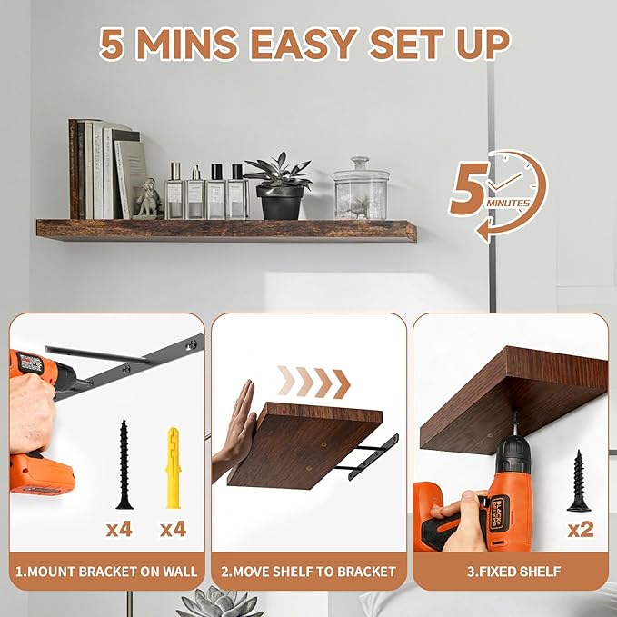 Assembly Easy Floating Shelves Set of 3,24 Inch Wall Mounted Wooden Shelf, Rustic Hanging Shelves for Home Decor, Books and Storage, Organizer for Bedroom,Small Bathroom,Kitchen,Vintage Brown
