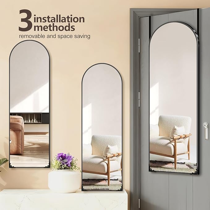 50"x16" Door Mirror, Arched Full Length Mirror, Over the Door Mirrors Full Length, Hanging Mirrors for Bedroom, Bathroom, Black