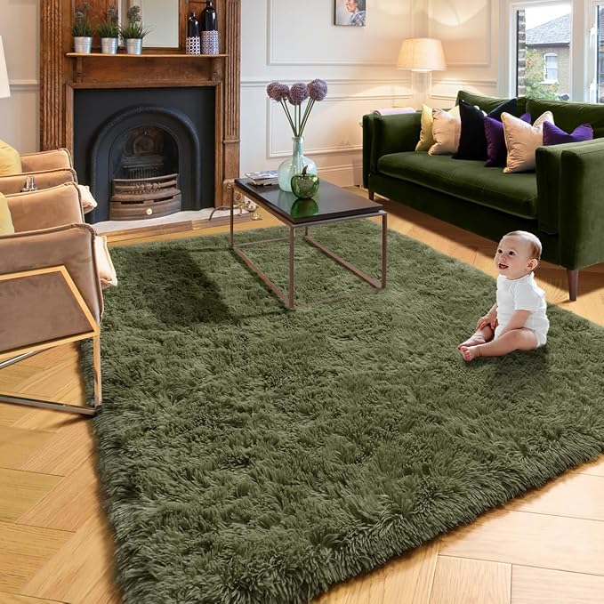 Amdrebio Olive Green Rugs for Bedroom Living Room, Fluffy Shaggy Modern Area Rug 4x6 for Girls Boys Kids Room Decor, Soft Plush Fuzzy Furry Cool Carpet for Nursery Classroom Dorm Playroom Apartment