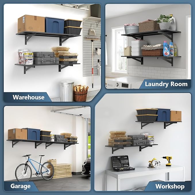Jusgym 2 Pack Heavy Duty Garage Wall Shelving (1.5x4ft), 700lbs Capacity Garage Shelving Wall Mounted, 18"x96"Garage Storage Rack Floating Shelves, Black