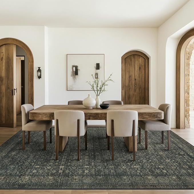 8x10 Washable Area Rug for Living Room, Extra Large,Green Vintage Floral Boho Rugs for Dining Room, Farmhouse, Durable Low Pile Non Slip Carpet for High Traffic Areas, Moss Brown