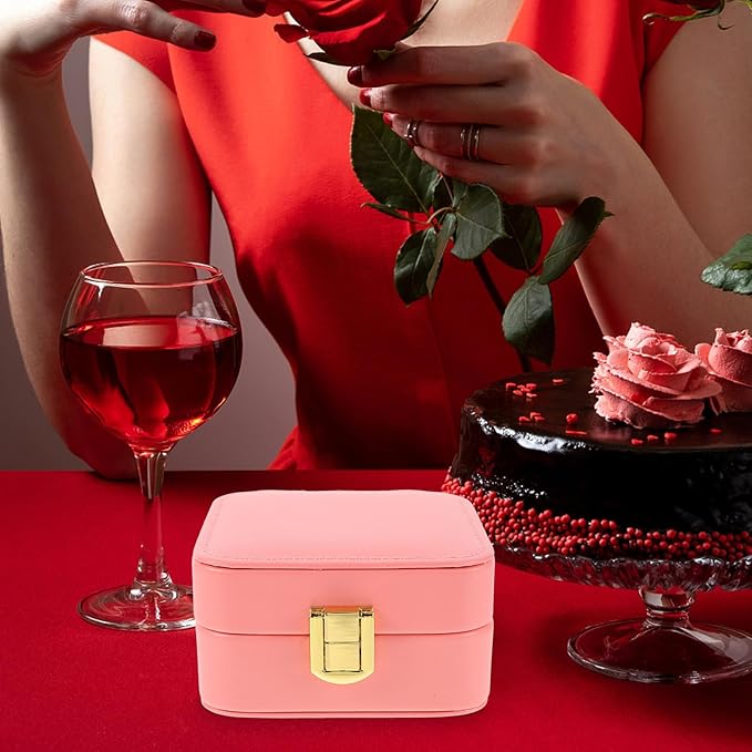 OUNONA Portable Jewelry Box with Makeup Mirror, Small Pink Necklace and Bracelet Storage Case, Travel Jewelry Organizer for Women
