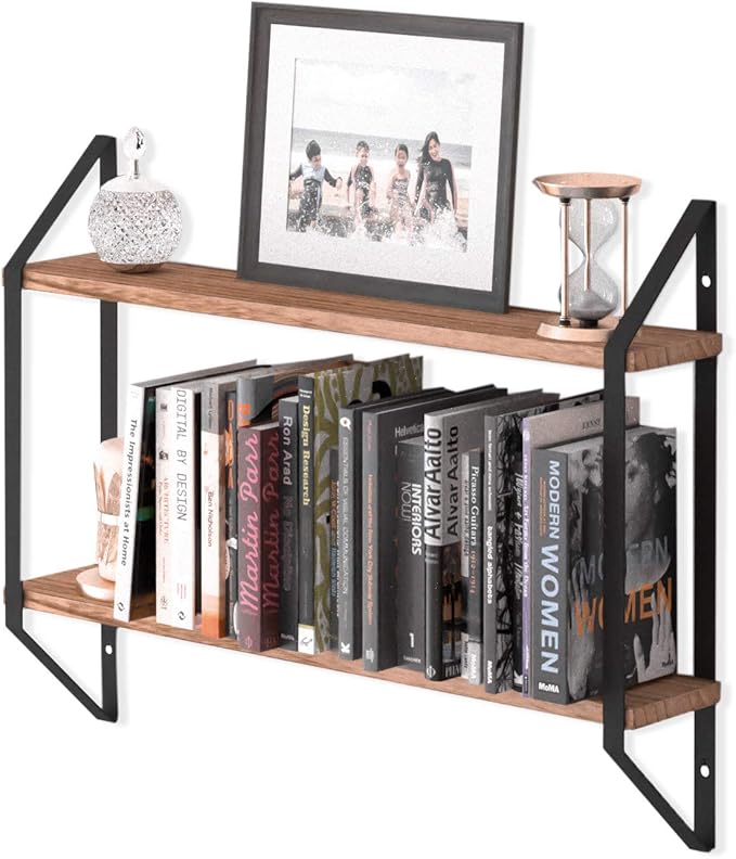 Wallniture Ponza 2-Tier Floating Bookshelf for Wall, 24 Inch Wall Shelves for Bedroom Storage, Natural Burned Wood