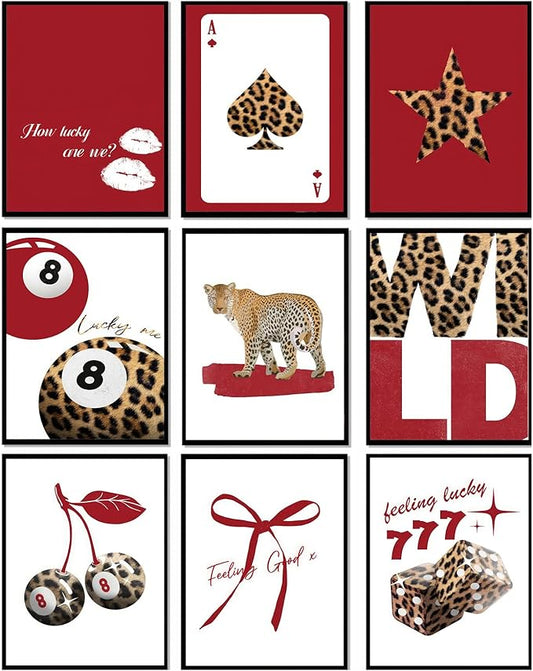 9Pcs Trendy Red Leopard Wall Art Prints Funky Lucky 8 Ball Posters Preppy Cheetah Aesthetic Wall Decor Pictures Girly Bedroom Apartment Dorm Unframed 8x10in