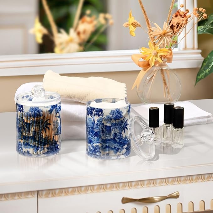 2 Pack Apothecary Jars Blue Chinoiserie Pagodas Trees Bathroom Vanity Storage Organizer Set,Small Clear Plastic Storage Jars Bathroom Canister for Cotton Swabs, Rounds, Balls, Qtips,Makeup Spon