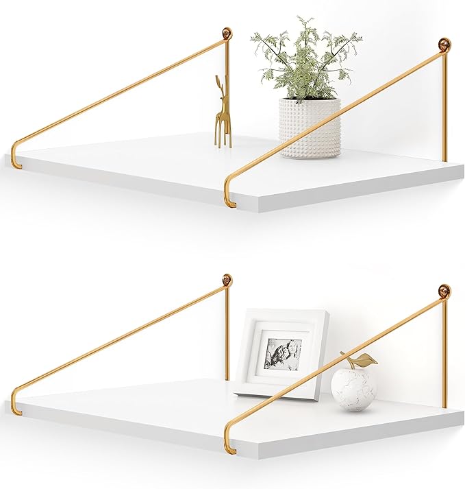 Afuly 12 Inch Deep Floating Shelves for Wall, Gold White Wall Mounted Shelves, Hanging Storage Shelves for Bathroom Kitchen Bedroom, Solid Wood Chic Bookshelves, Set of 2
