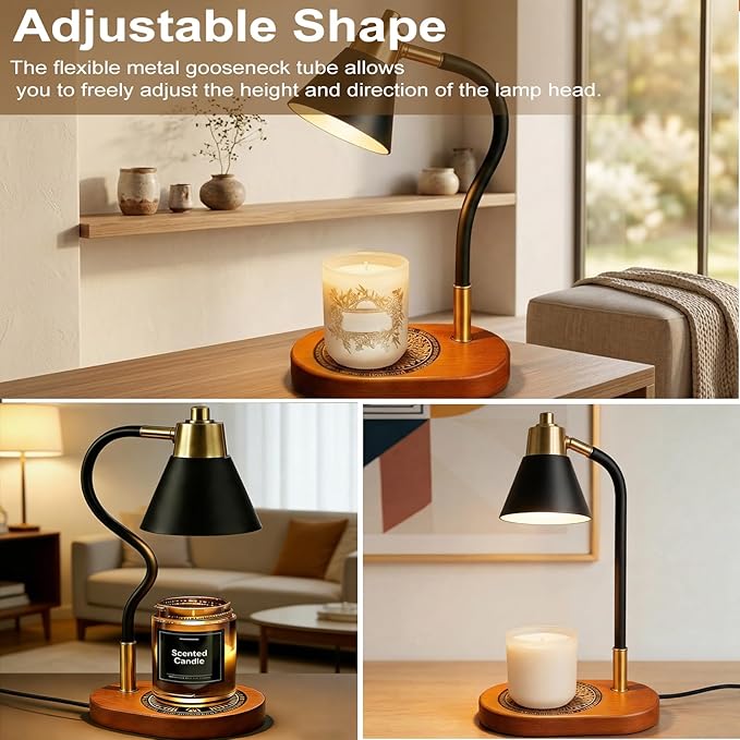 Candle Warmer Lamp with Timer & Dimmer, Adjustable Height Electric Wax Melter for Jar Candles, Dimmable Candle Lamp with Wooden Base & 2 Bulbs, Flameless Home Decor Gifts for Mom Women, Black