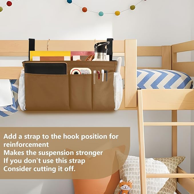 Brown Bedside Caddy Storage Bag Bedside Organizer for Bunk Bed Headboards College Organizer Caddy Hanging Shelf 6 Pockets with Hooks for Drinks Magazine Phone Holder
