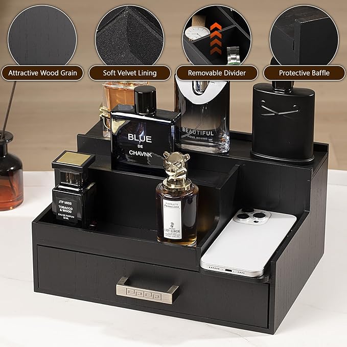 Cologne Organizer for Men, 3 Tier Perfume Display Stand with Drawer and Hidden Compartments, Stylish Wooden Mens Cologne Holder for Dresser Storage, Great Gift for Men/Fathers, Black