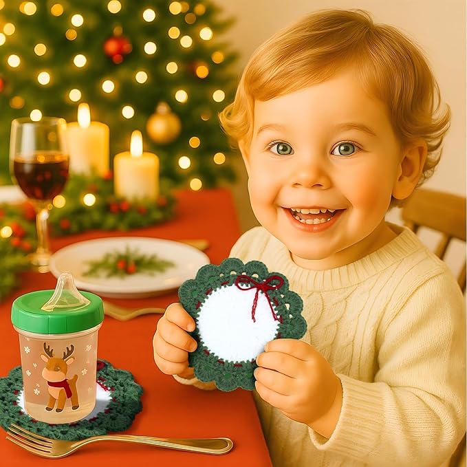 5 Pcs Wreath Crochet Coaster Set Wreath Coaster with White Pot Storage Basket Handmade Present Woven Cup Mats Kit for Holiday Party Gifts Kitchen Office Home Decor