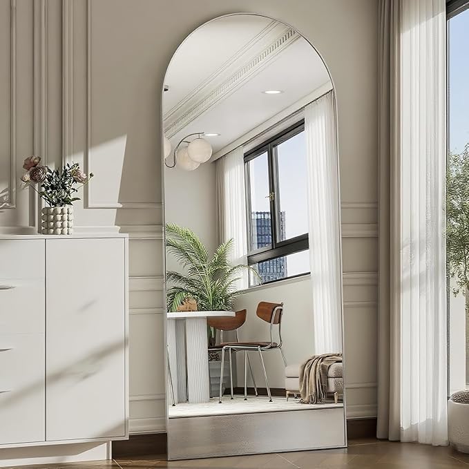 Dewfig Arched Full Length Mirror, 64"*21" Large Floor Mirror, Full Body Mirrors for Leaning or Hanging, Standing Mirrors for Bedroom, Living Room,Dressing Room, Aluminum Alloy Frame, Silver