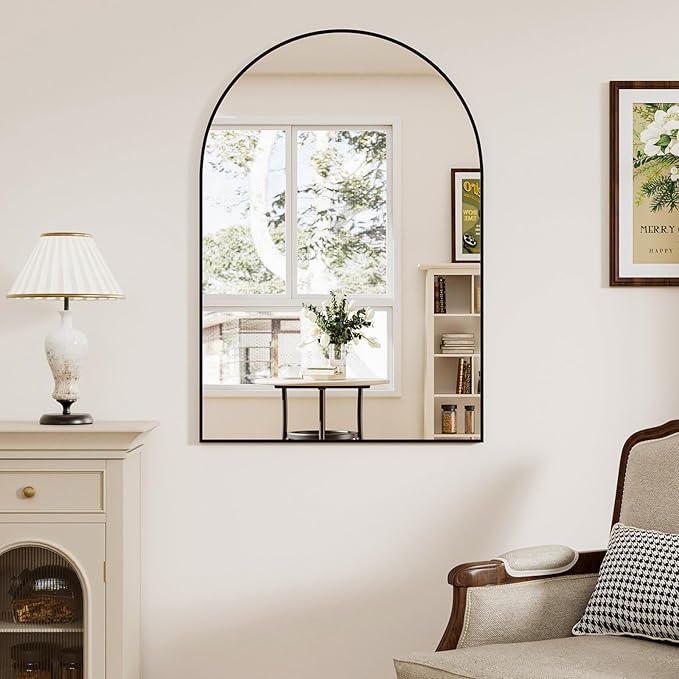 Rowjut Arched Wall Mirror 38"x24"Window Mirrors Decorative Wall & Iron Framed Bathroom Mirror, Arched Top Wall Mirror for Entryway. Living Room, Bedroom, Fireplace .（Black