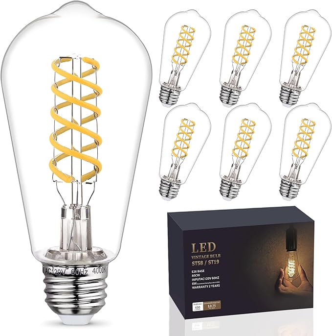 6-Pack Dimmable Vintage LED Edison Bulbs, E26 LED Bulb 60 Watt Equivalent, Neutral White 4000K, ST19/ST58 Antique Spiral Filament Decorative Light Bulb CRI 80.
