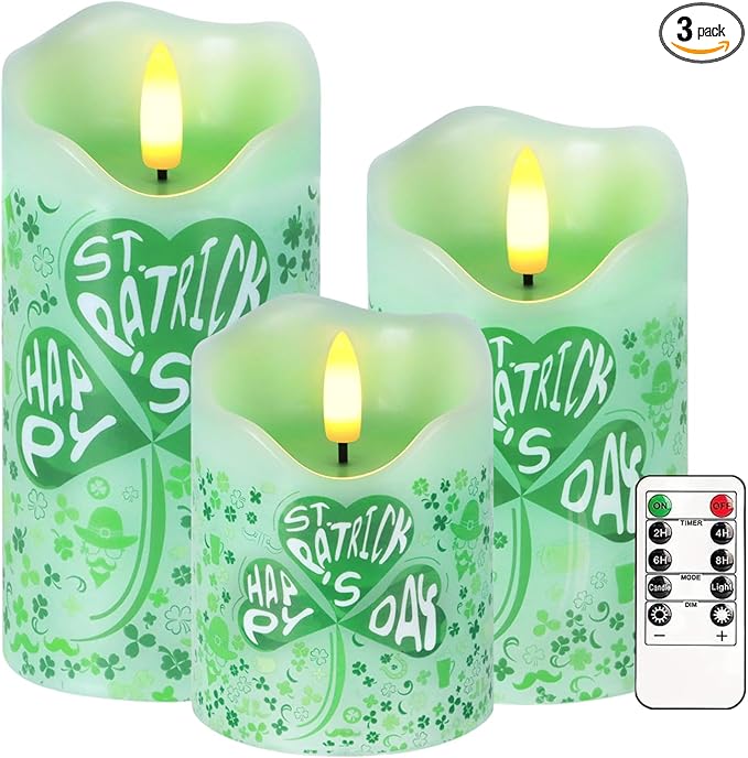 Flameless Candles Lights, Set of 3 Flickering St. Patrick's Day Pillar Candles with Remote & Timer, Dimmable Real Wax Shamrock LED Candles Battery Operated for Home St. Patrick's Day Decor (Clover)