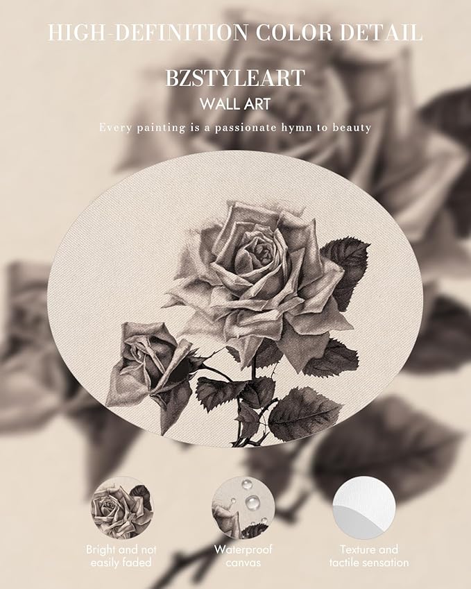 Bzstyleart Vintage Wall Art Decor for Living Room, Rose Flower Canvas Prints, Gold Framed Vintage Travel Wall Art, Sketch Painting Picture, Home Decor Aesthetic Kitchen Bathroom, New York, 12L x 16W