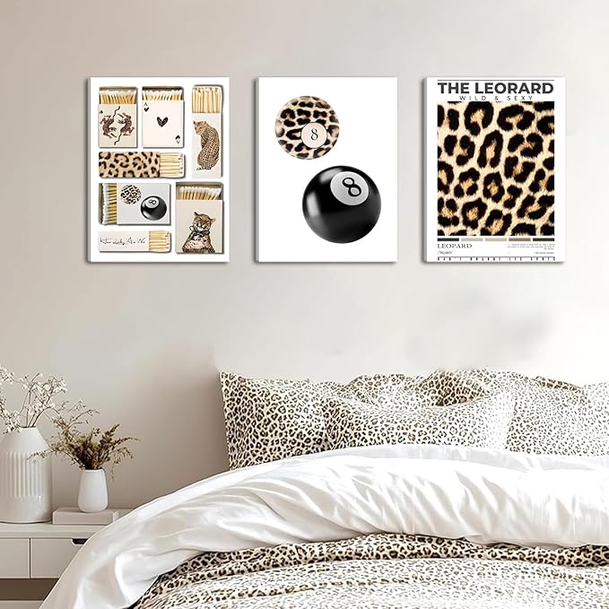 Framed Trendy Leopard Canvas Wall Art Set of 3, Preppy Cheetah Lucky 8 Ball Pictures Wall Decor Prints, Funky Y2K Paintings Girly Aesthetic Home Decor for Living Room Bedroom Dorm 12x16 inch
