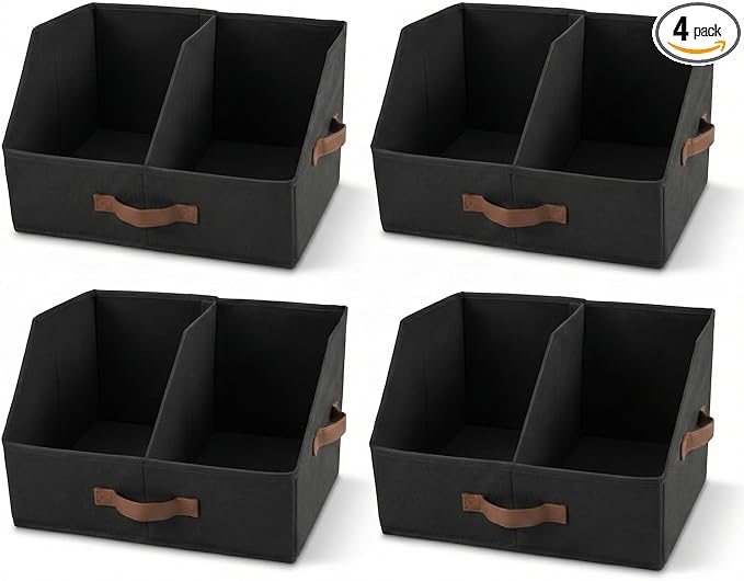 Closet Organizers And Storage - EXTRA LOAD & HEIGHT FOR DEEP Trapezoid Storage Bin W/ Handles & Adjustable Dividers, Collapsible Storage Bins For Clothes Storage & Shelf Organizer (4pcs, Large, Black)